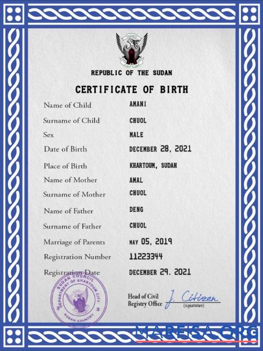Blank Sudan vital record birth certificate PSD template